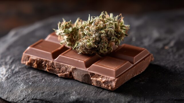 A chocolate bar sits on a dark stone surface, topped with a cannabis bud, highlighting an innovative blend of sweet and earthy flavors