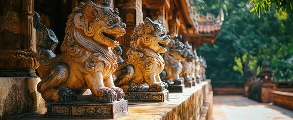 Sunlit Stone Lions Guarding Temple: A Serene Asian Sanctuary