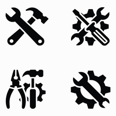 Collection of repair and maintenance tool glyph icons. Vector illustrations featuring wrench, hammer, pliers, and gear symbols.
