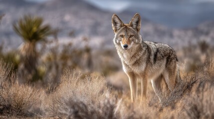 Obraz premium A coyote stands watchfully amidst the desert vegetation, its fur shimmering in the soft glow of late afternoon light. The arid landscape stretches into the distance under a dramatic sky