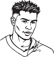 Illustrated Portrait Of A Young Man With Spiky Hair And A Signature In Black And White