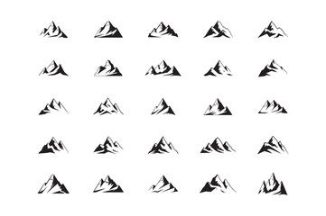 Set of vector mountain silhouette or vintage hill peak outline for forest logo or nature landscape design. Mountain silhouette pattern for hiking or camping business. Summer mountain travel line art.