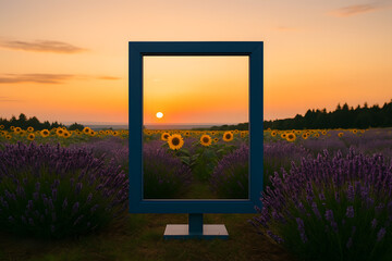 Fototapeta premium Empty Picture Frame Over Sunflower and Lavender Field at Sunset – Artistic Concept