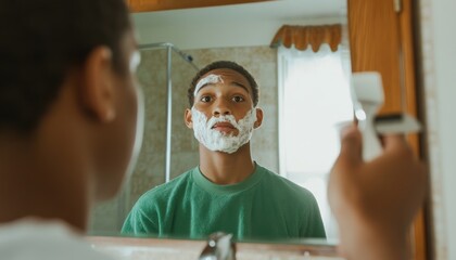 Father teaching son how to shave family bathroom lifestyle reflection intimate moment father’s day bonding