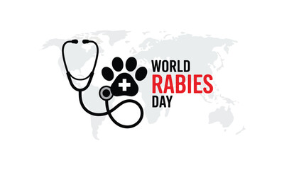 World Rabies Day Vector Illustration with Global Map, Medical Paw Print, Stethoscope, and Red Text for International Animal Health Awareness and Disease Prevention Campaign