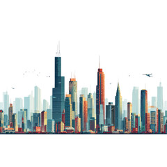 Fototapeta premium Tall buildings urban cityscape with flying birds and airplane skyscrapers architecture, Isolated On Png Transparent Background
