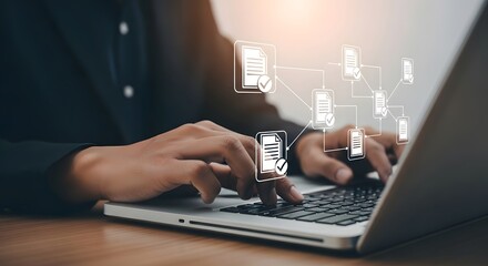 Obraz premium Hands typing on a laptop with digital data flowing