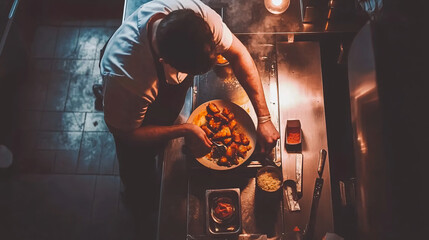 Talented chef skillfully preparing delicious ingredients in a professional kitchen setting