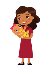 Happy young woman with dark skin holding little baby girl in her arms.
Concept of warm, joyful emotions of motherhood, love and tenderness.
Cute cartoon character