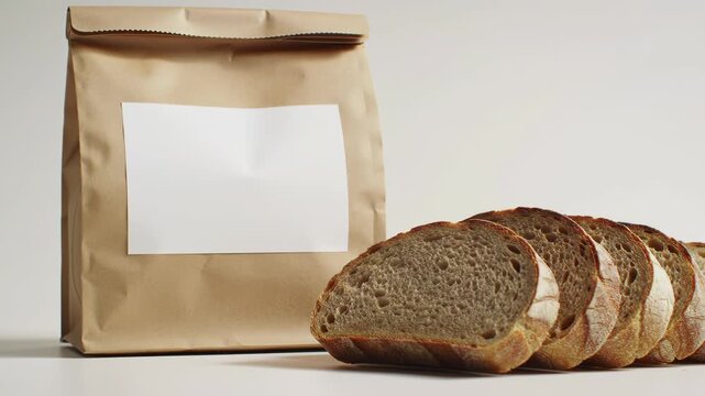 Brown paper bag with blank label beside several slices of crusty bread on a white background