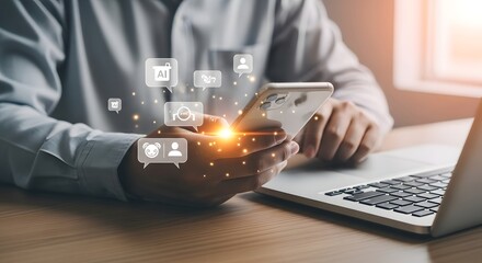 Person using smartphone with digital connections and laptop