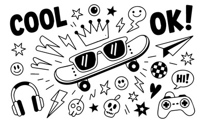 Hand-drawn doodle vector set with cool icons like skulls, smiley faces, lightning bolts, game controller, and more. Perfect for t-shirts, stickers, and streetwear graphics.