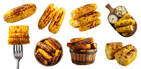 Set of grilled charred corn ribs on the cob, barbecue bbq, wooden serving board bucket, fork, halved pile stack on transparent cutout PNG. Mockup template