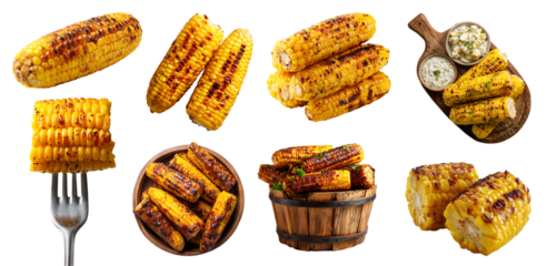 Set of grilled charred corn ribs on the cob, barbecue bbq, wooden serving board bucket, fork, halved pile stack on transparent cutout PNG. Mockup template