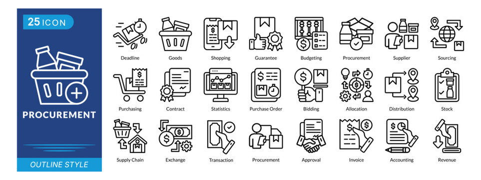 procurement icon set collection in outline style. an icon pack contain distribution, stock, supply chain, exchange, approval, invoice, accounting, revenue, transaction