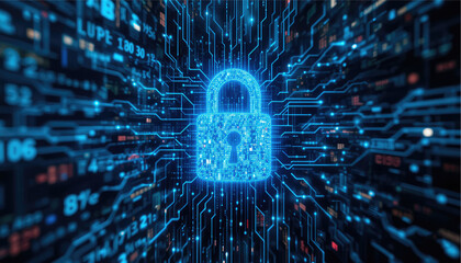 Abstract binary code design and fiber optics glow with light patterns on a black, technological background, evoking a sense of space and energy