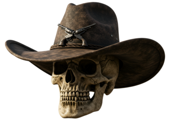 Realistic 3D Illustration Of Cowboy Skull Wearing Hat And Guns