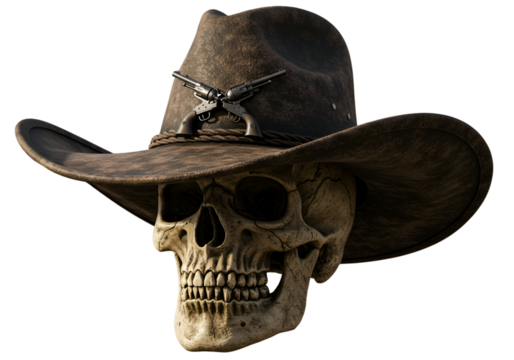 Realistic 3D Illustration Of Cowboy Skull Wearing Hat And Guns
