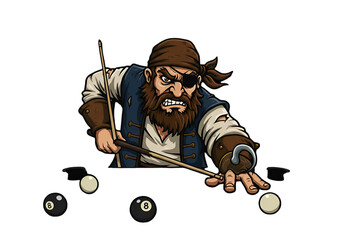 Pixel Pirate Illustration Playing Pool Game With Cue On Black Background