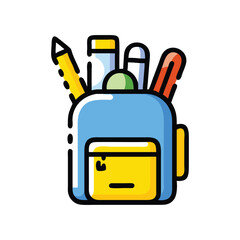 Fototapeta premium A colorful cartoon illustration of a blue backpack filled with various items including tools and a bottle on a black background