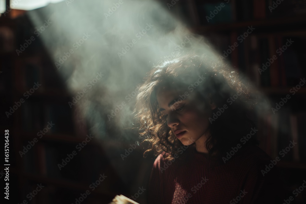 Poster woman reading in a cozy library with sunlight streaming through dust and creating a serene atmospher