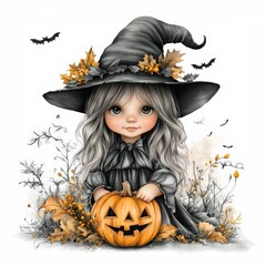 Charming baby ghost wears a floppy witch hat while sitting next to a carved pumpkin surrounded by autumn leaves and decorative elements for Halloween. Joyful and festive spirit shines through