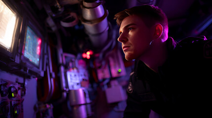 Focused Marine Engineer in Navy Uniform Looking at Displays in Submarine Interior
