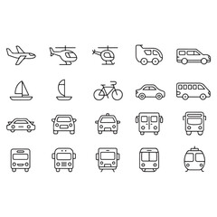 Airplane helicopter sailboat bicycle car bus train van icons vector
