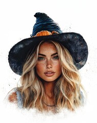 A charming portrait captures a cute witch with long flowing hair and a whimsical hat adorned with a pumpkin. This artistic piece radiates autumn vibes ideal for Halloween