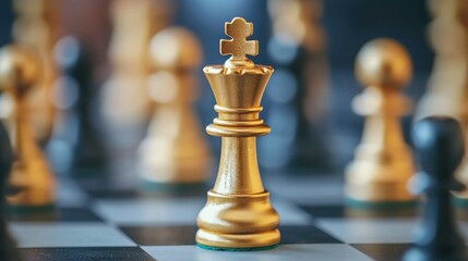 A gold chess king on a chessboard with other chess pieces in the background.
