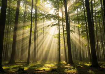 Naklejka premium Forest Sunlight Rays Trees Mist Magical Nature Morning Dawn Golden