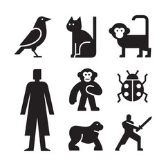 Black silhouettes set of people and animals in cartoon vector style