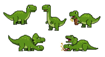 Pixelated Cartoon Green Dinosaurs Illustration On Transparent Background