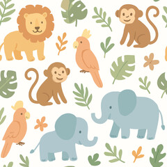 Cute seamless pattern featuring cartoon jungle animals like lions, monkeys, elephants, and parrots with tropical leaves.