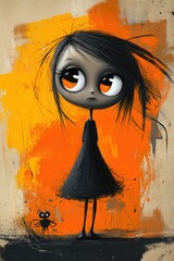 A charming witch stands with a cute expression wearing an orange pumpkin hat. Her messy hair sways in the autumn breeze as a tiny spider joins the Halloween celebration on this vibrant October day