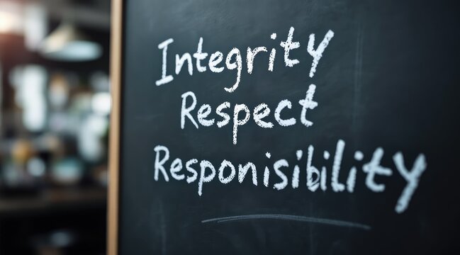 corporate social responsibility ethics education. A chalkboard displaying the words integrity, respect, and responsibility, emphasizing core values in a professional or educational setting.