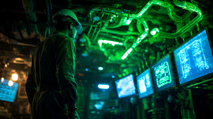 Engineer in Hardhat Viewing Green Lit Monitors in Dark Room