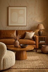 Warm contemporary living space with cognac leather furniture and natural lighting