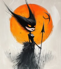 A captivating witch with striking features and a flowing dark gown stands gracefully against a glowing orange moon. Autumn leaves swirl as the Halloween spirit comes alive in this enchanting scene