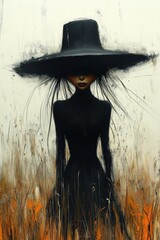 A whimsical witch with a tall black hat is surrounded by orange and autumn foliage. Her cute face adds a playful touch to the eerie atmosphere embracing the Halloween spirit