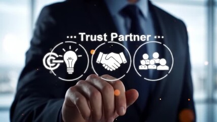 Trust Partner Concept Man Interacting with Virtual Business Icons on Transparent Screen - Ideal for Corporate Videos. - Powered by Adobe