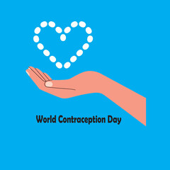 Hand holding white heart shape on blue background contraception