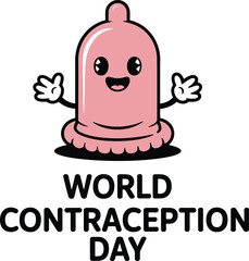 Cartoon pink condom character waving hands for World Contraception Day