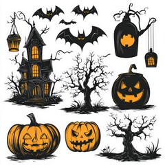 A delightful collection of Halloween themed vector illustrations showcases playful ghosts cheerful pumpkins and eerie bats against a crisp white background