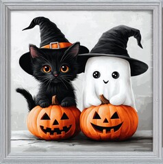 Two adorable characters a cute black cat wearing a witch hat and a cheerful ghost sit atop carved pumpkins