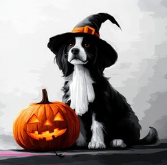A charming black dog dons a witch hat while sitting next to a cheerful pumpkin with a carved face
