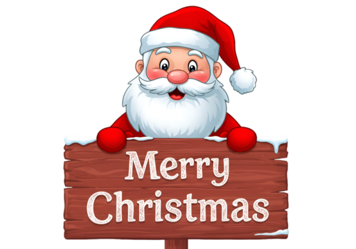 Merry Christmas Santa Claus Illustration Holding Red Sign with White Text