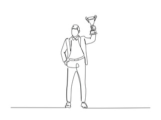 Successful businessman holding trophy cup in single outline illustration. Continuous line art drawing of bemployee of the year award.