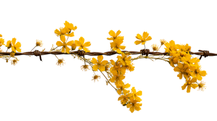Yellow flowers blooming on barbed wire a contrast of beauty and harshness,
