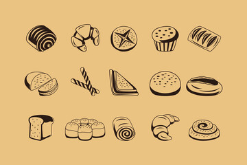 Simple Bakery Line Art Icon Set. Hand Drawn Bread and Pastry Collection for Minimal Food Design
